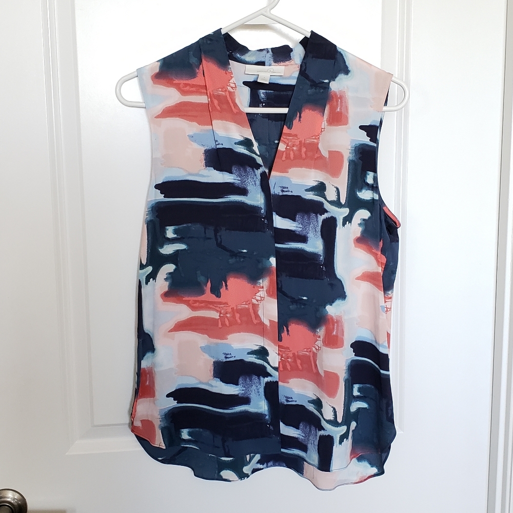 Emerson Rose Silk Watercolor Printed Sleeveless V-Neck Pleated Blouse Sz S